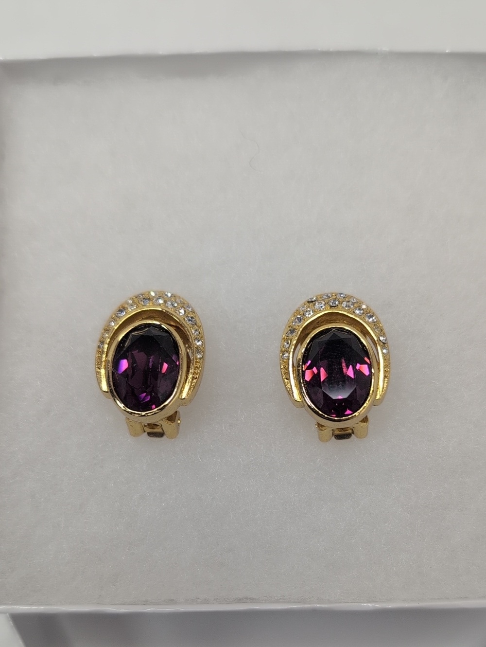 Christian Dior Vintage 1980s Amethyst Purple Crystal Gold Clip-on Earrings